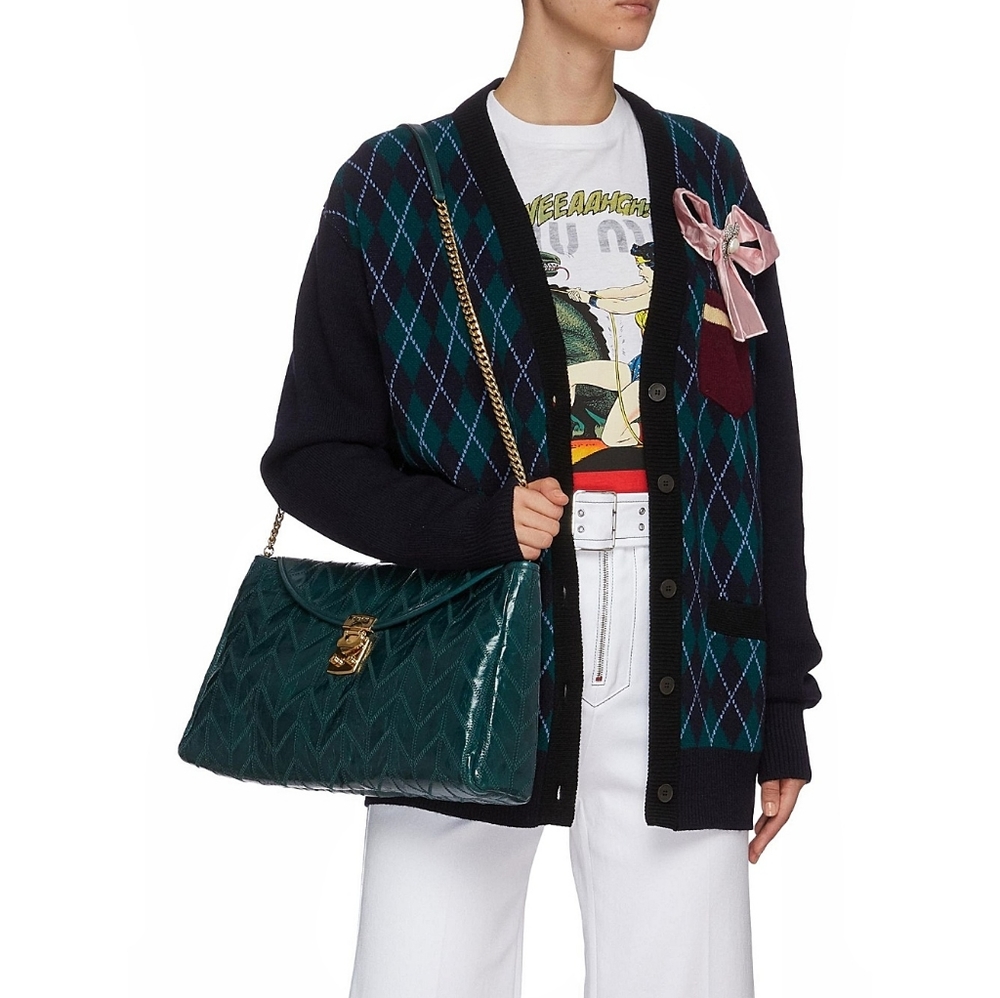 Miu Miu Preppy Argyle Ivy League Virgin Wool Pearl Bow Cardigan